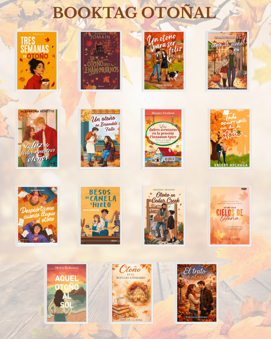 Collage con 15 novelas de otoño con portadas cozy.