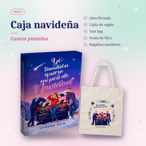 Caja navideña con libro firmado de Sandra Rein y tote bag con la portada de Yo también quiero mi peli de Navidad